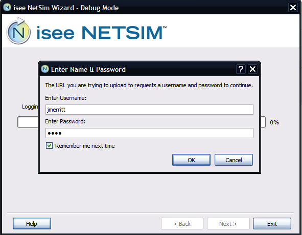isee NetSim Wizard prompts for credentials